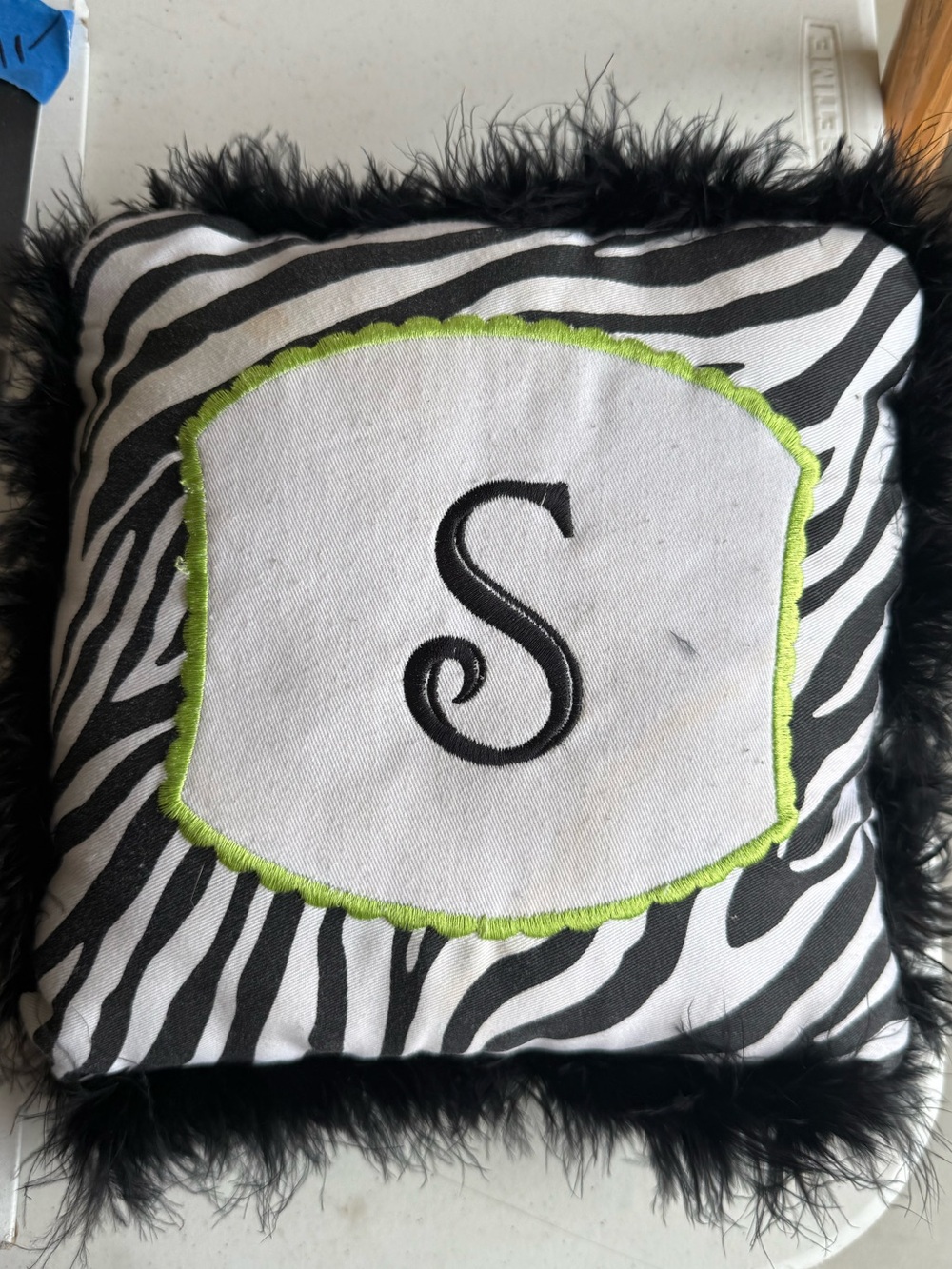 Monogrammed Zebra Accent Pillow with Black Faux Fur - S